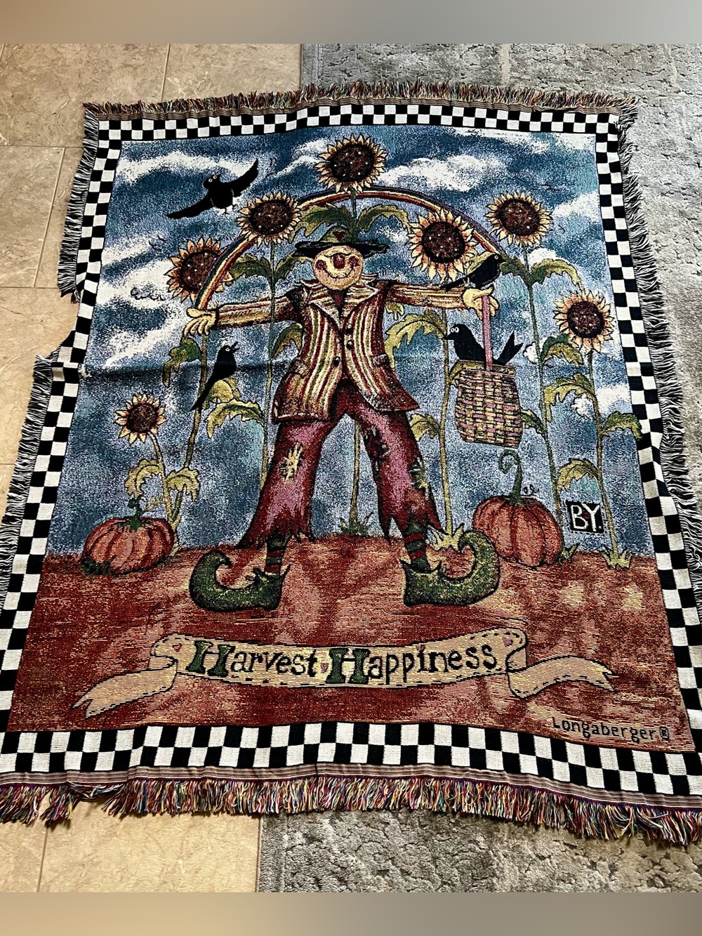 LONGABERGER Harvest Happiness Fall Scarecrow Tapestry Throw Blanket